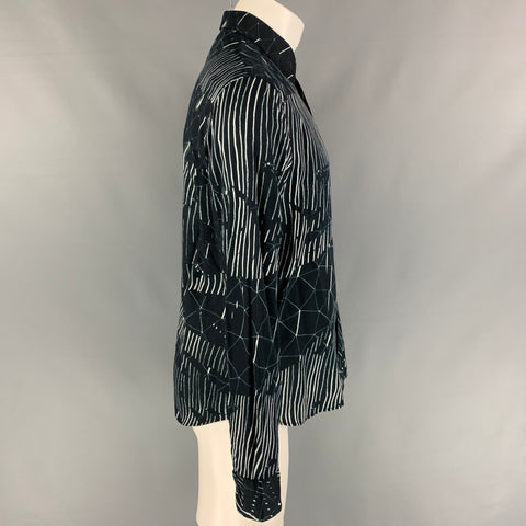 AGNÈS B. Baudelocque Size L Navy Print Cotton Button Up White Long Sleeve Shirt