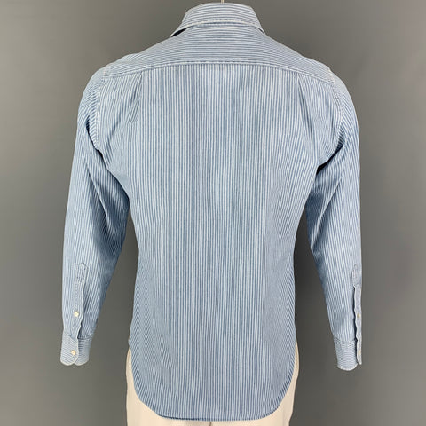 LORO PIANA Size M Blue White Stripe Cotton Button Up Long Sleeve Shirt