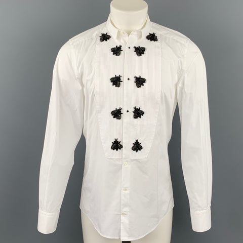 DOLCE & GABBANA Gold Size M White & Black Applique Cotton Tuxedo Long Sleeve Shirt