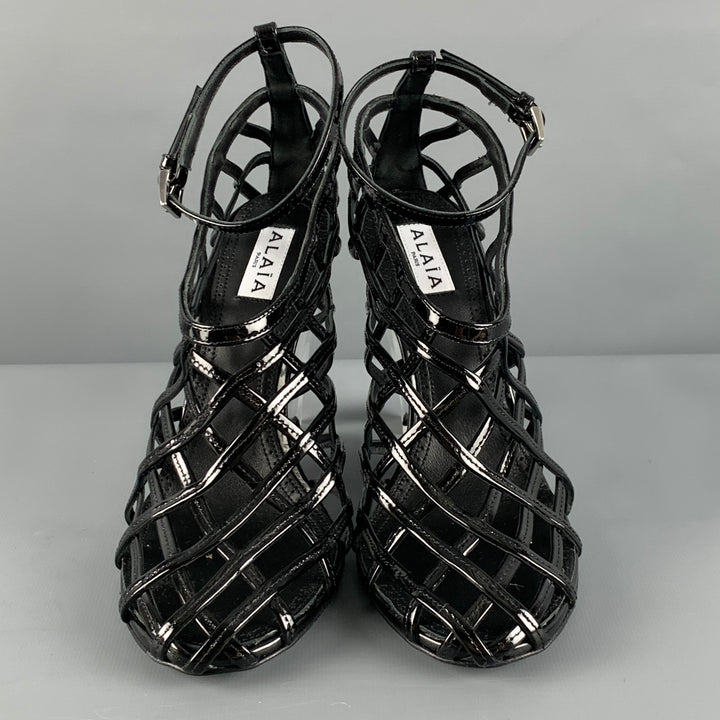 ALAIA Size 7 Black Caged Patent Leather Wedge Sandals