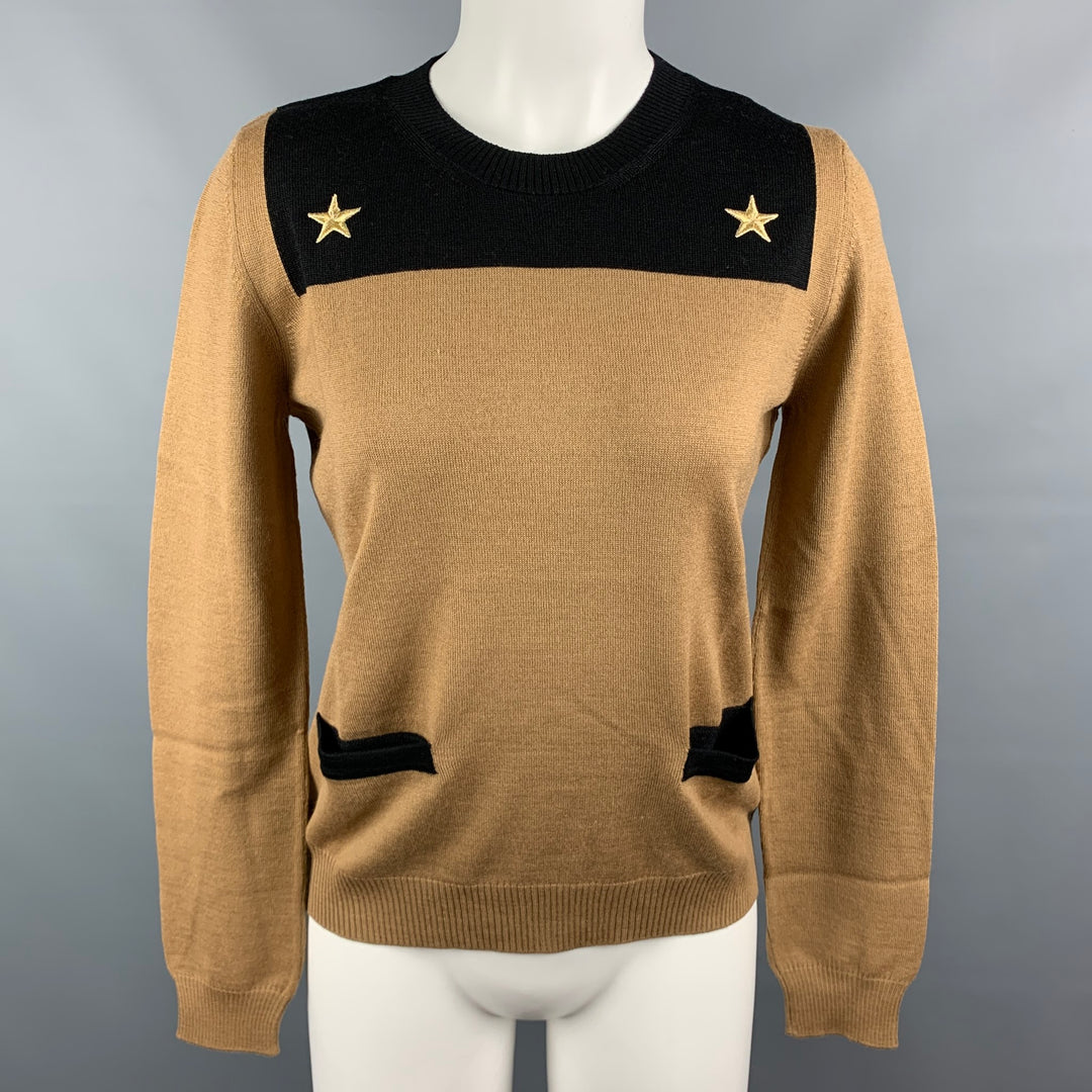 LOVE MOSCHINO Size 6 Beige Black Wool / Acrylic Color Block Front Pockets Gold Stars Pullover