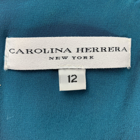 CAROLINA HERRERA Size 12 Teal Textured Ruffle V Neck Dress