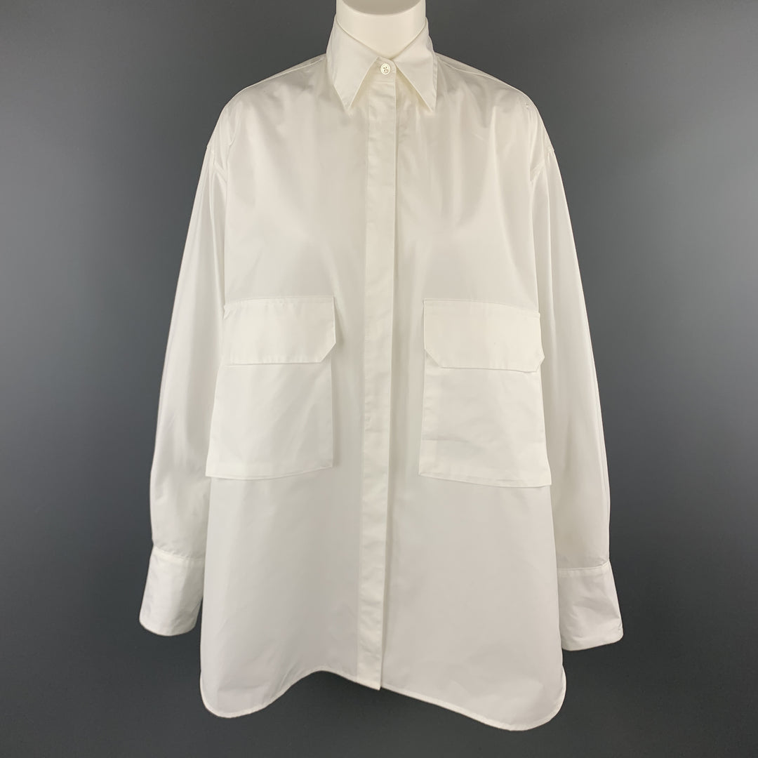 DEVEAUX New York Size 4 White Cotton Oversized MAX SHIRT Pocket Blouse