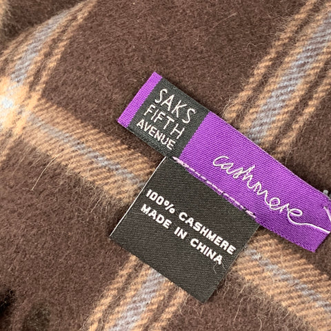 SAKS FIFTH AVENUE Brown Plaid Cashmere Fringe Scarf