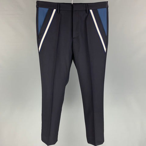VALENTINO Size 32 Navy & White Wool / Mohair Zip Fly Dress Pants