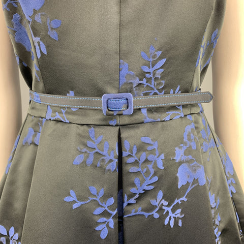OSCAR DE LA RENTA Size 12 Black & Blue Floral Satin Sleeveless Cocktail Dress