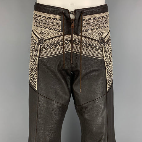 JEAN PAUL GAULTIER 2000 Size 34 Brown White Embroiderey Studed Leather Pants