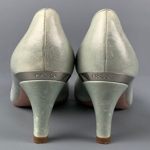 PRADA Size 7 Mint Black Silver Leather Color Block Cap Toe Pumps