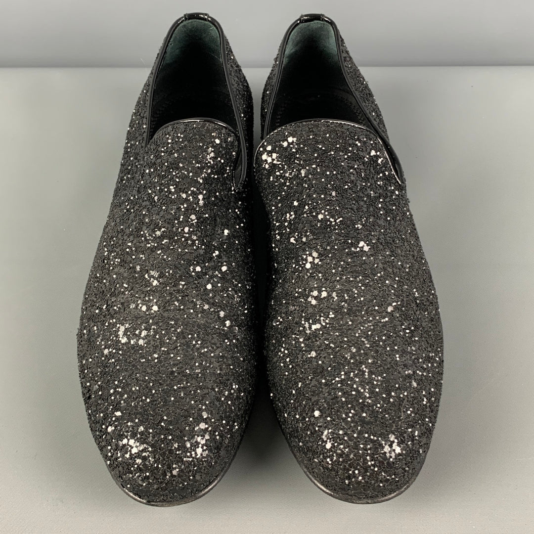 Jimmy Choo Black Glitter Slip-On Loafers JIMMY CHOO Size 11 Velvet Glitter Devore Sloan Black Silver  main image 2