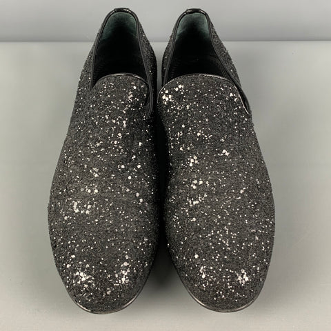 JIMMY CHOO Size 8 Black Glitter Leather Slip On Loafers
