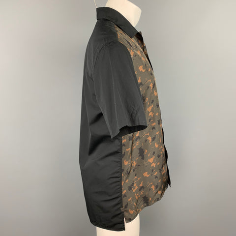 LANVIN Size S Black & Olive Print Silk Button Up Short Sleeve Shirt