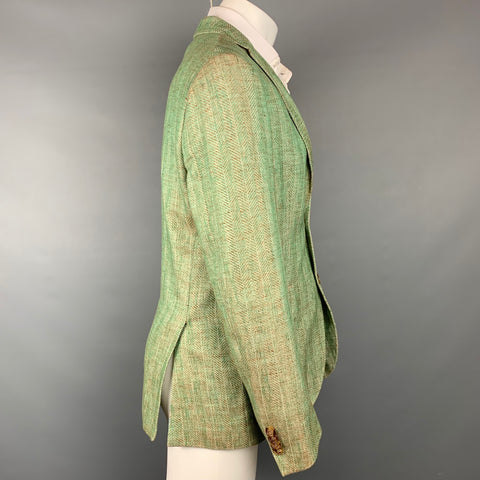 ETRO Superleggera Size 40 Green & Tan Herringbone Cotton / Linen Notch Lapel Sport Coat