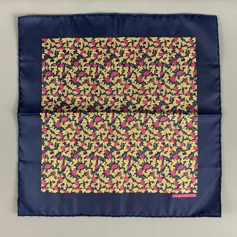 HERMES Navy Purple Grapes Silk Twill Pocket Square