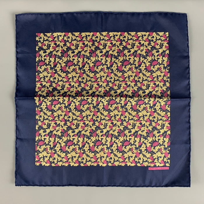HERMES Navy Purple Grapes Silk Twill Pocket Square