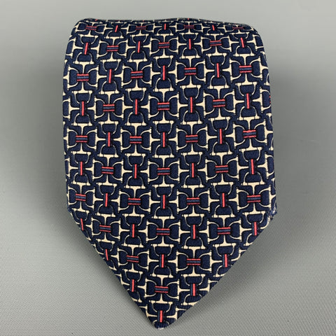 HERMES 7058 TA Navy Red White Equestrian Silk Tie