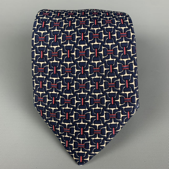 HERMES 7058 TA Navy Red White Equestrian Silk Tie