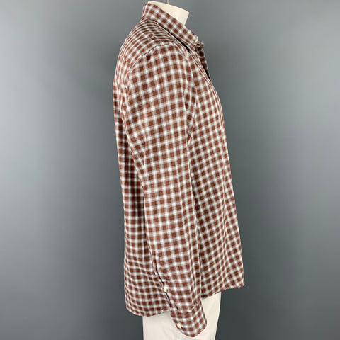 ERMENEGILDO ZEGNA Size XL Brown & White Plaid Cotton Button Down Long Sleeve Shirt