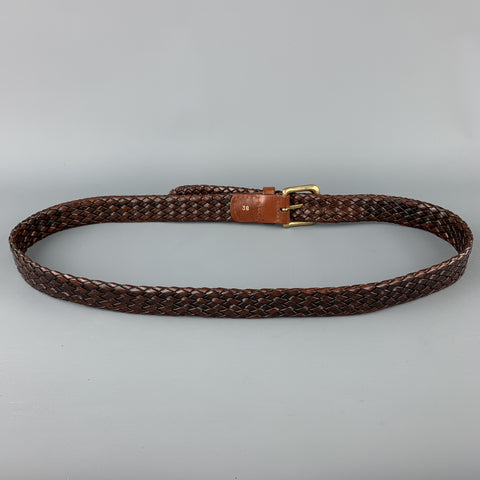 VINTAGE Size 38 Woven Black Leather Gold Brass Buckle Belt