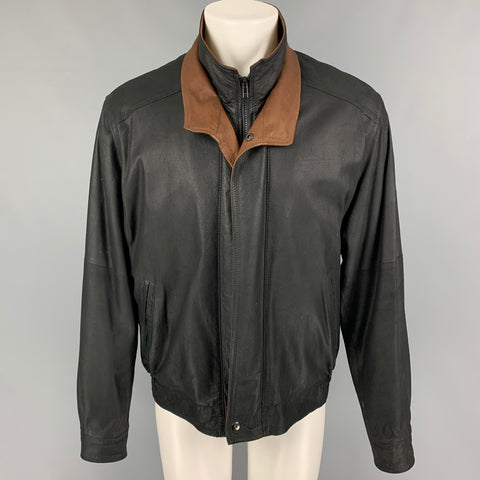 REMY Size 40 Black Brown Contrast Stitch Leather Zip Up Jacket