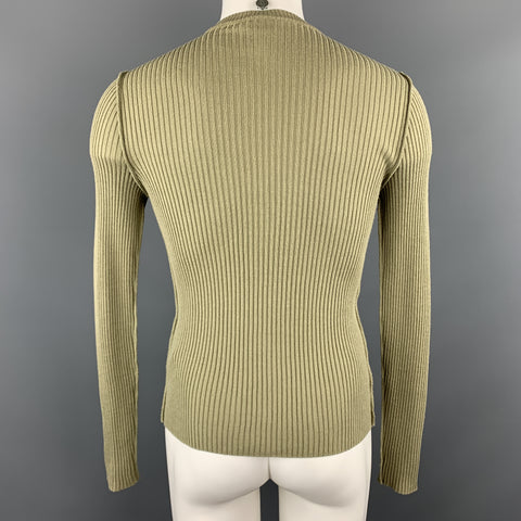 JOHN RICHMOND Taille S Olive Ribbed Knit Gold Graphic Wool Blend Crew-neck Pull Pull