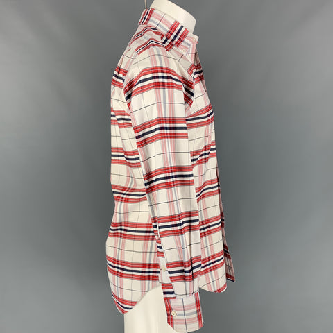 THOM BROWNE Taille M Chemise à manches longues Oxford en coton à carreaux blanc et rouge