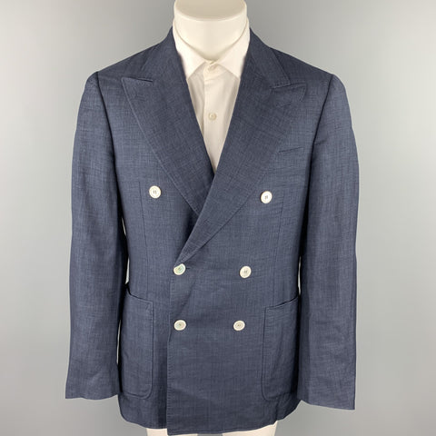 CANALI Size 40 Navy Woven Linen Blend Peak Lapel Sport Coat