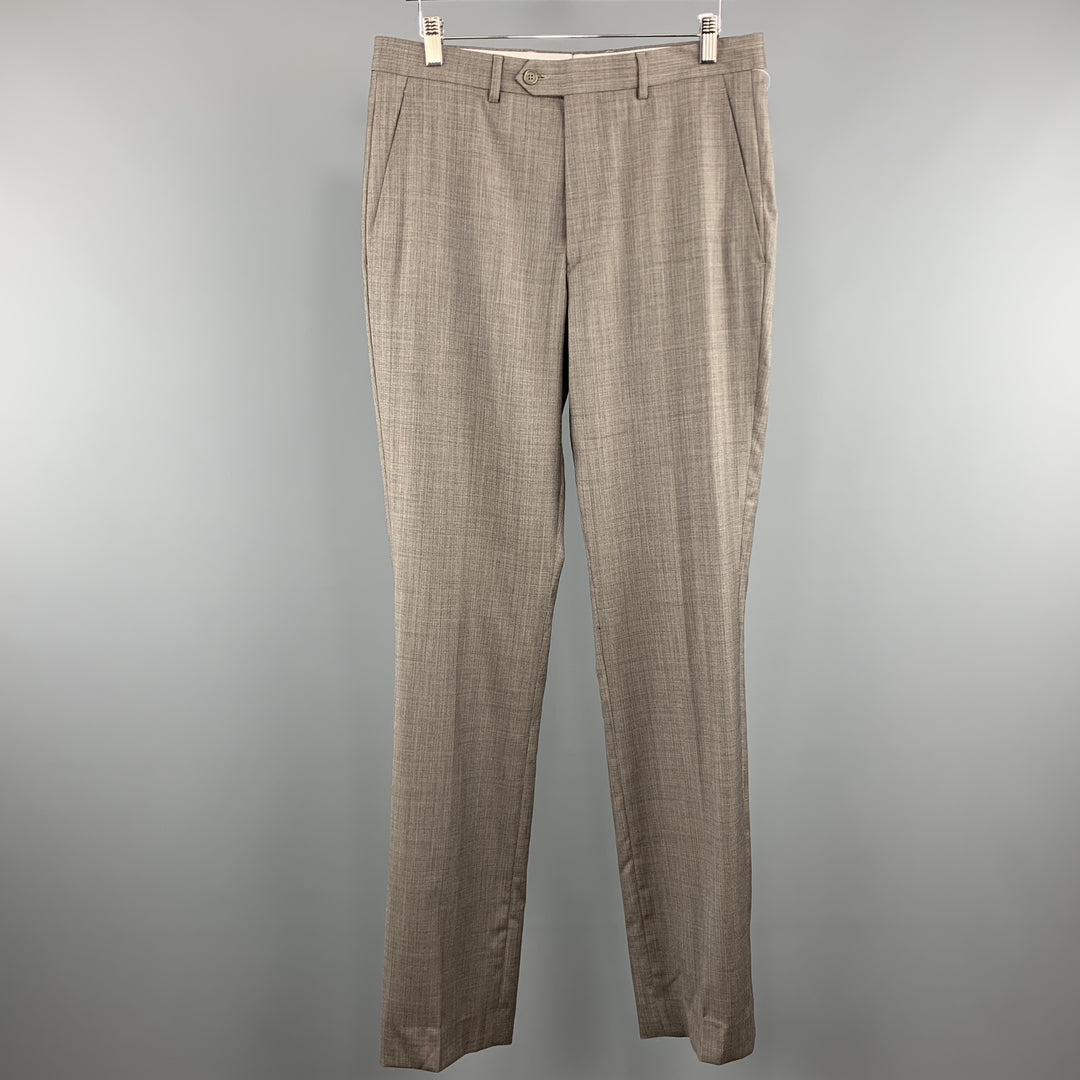 SANTORELLI Size 33 x 35 Taupe Grid Wool Zip Fly Dress Pants