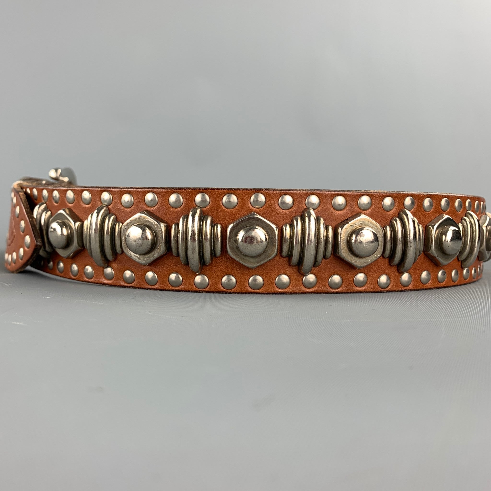NANNI Size 36 Tan & Silver Studded Leather Metal Belt – Sui