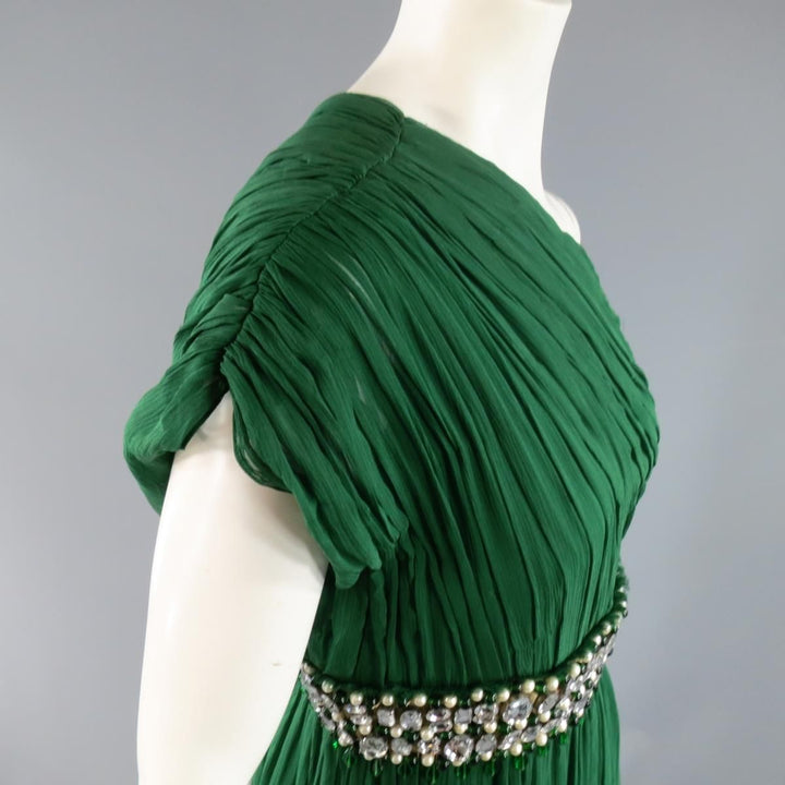 NAEEM KHAN Taille 8 Robe de soirée en soie vert émeraude à une épaule et taille en cristal