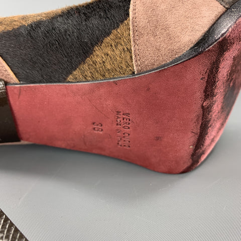 BALDAN Talla 8 Zapatos de tacón peep toe con plataforma de pelo de caballo con estampado de tigre y ante marrón