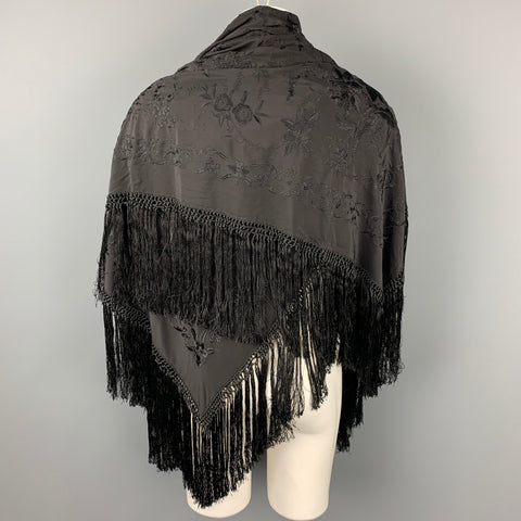 RALPH LAUREN Purple Label Black Embroidered Silk Fringe 54 x 52 in Scarf Shawl