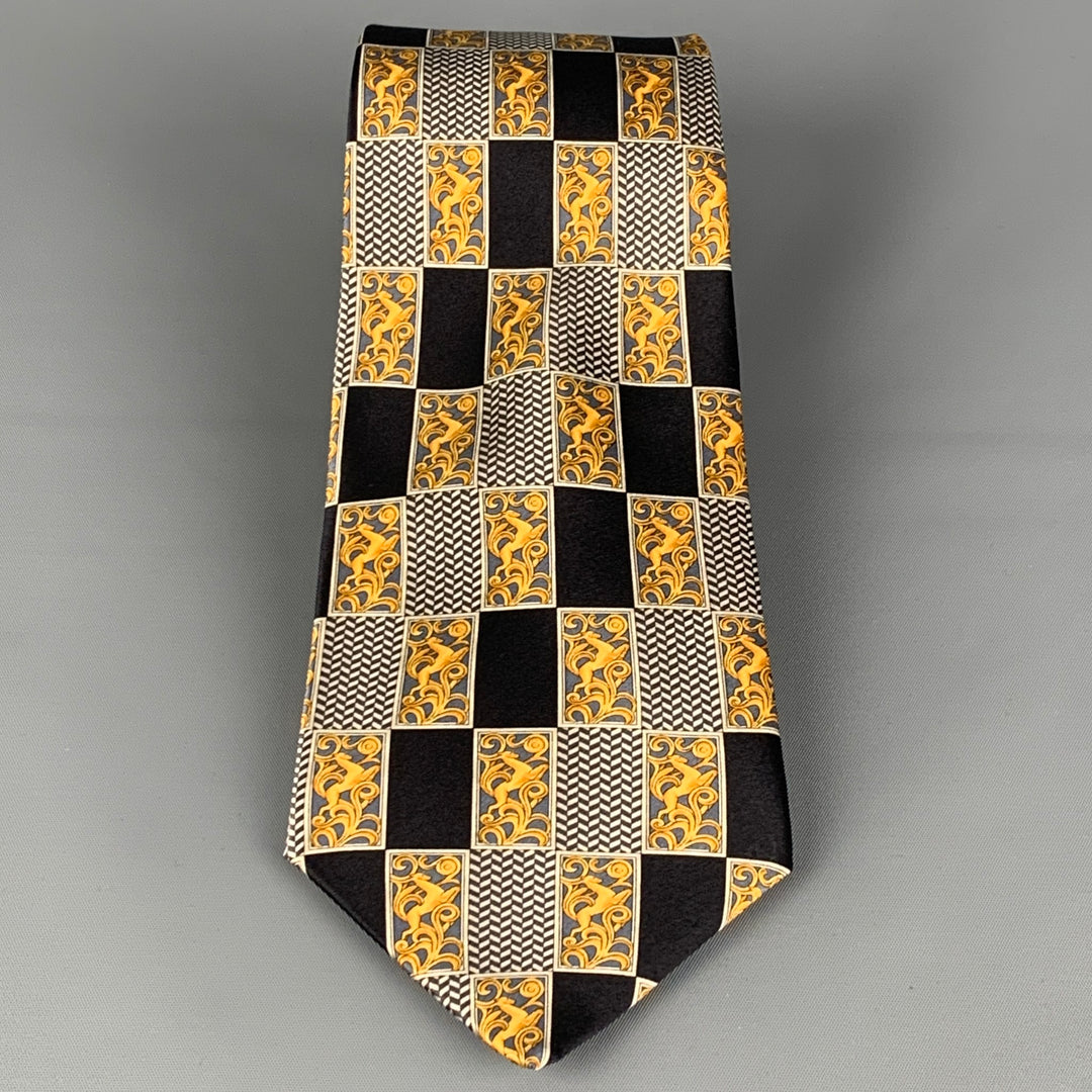 LANVIN Black Gold Print Silk Neck Tie