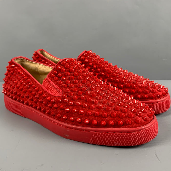 CHRISTIAN LOUBOUTIN Size 8 Red Studded Leather Slip On Sneakers