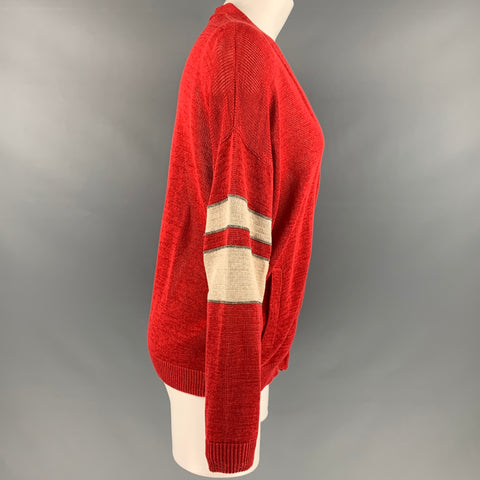 BRUNELLO CUCINELLI Size S Red White Cotton Stripe V Neck Cardigan