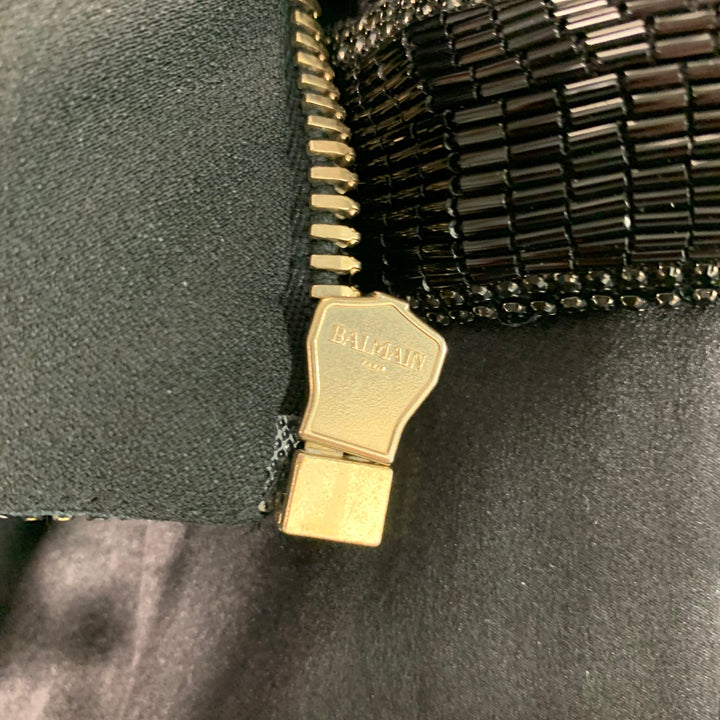 BALMAIN Size S Black Silk Beaded Zip Up Vest
