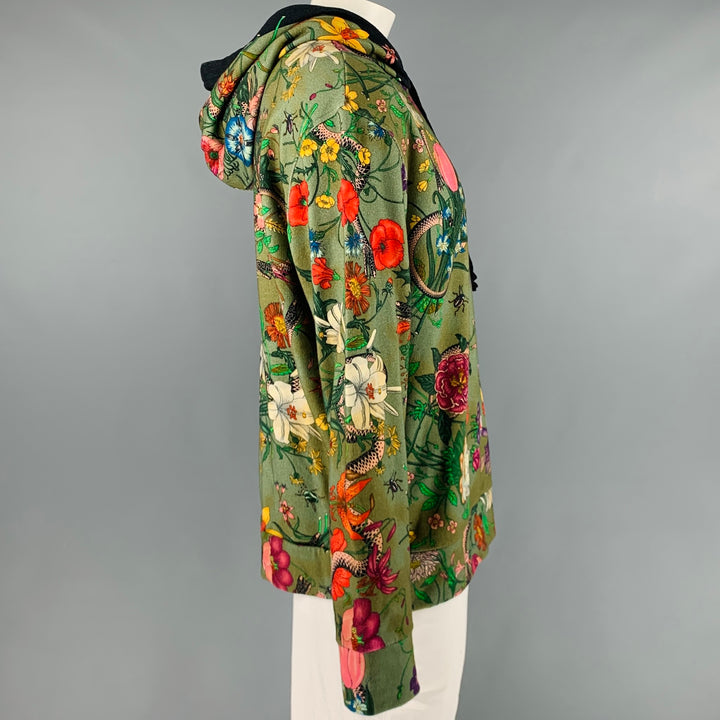 GUCCI Size XXL Green Multi-Color Print Cotton Hoodie Sweatshirt