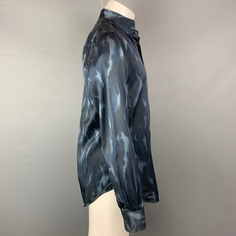 GIORGIO ARMANI Talla M Camisa de manga larga de seda / algodón con estampado negro y azul