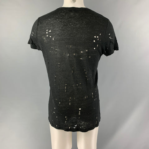 IRO Size S Black Distressed Linen Crew-Neck T-shirt