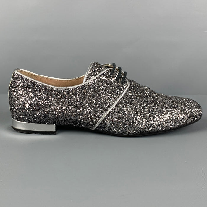 EMPORIO ARMANI Size 9.5 Silver Leather Glittered Lace Up Shoes