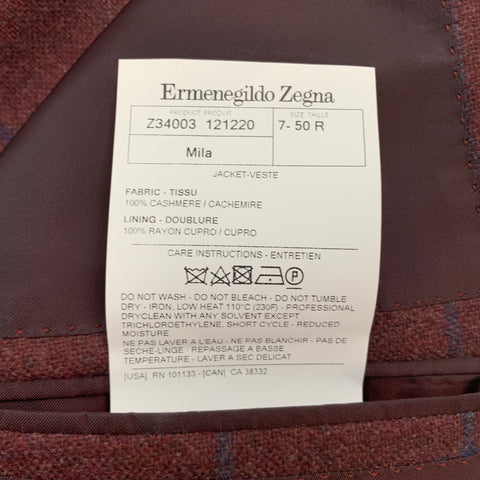 ERMENEGILDO ZEGNA Size 40 Burgundy Navy Window Pane Cashmere Sport Coat