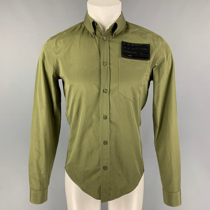 GIVENCHY SS 16 by Ricardo Tisci Size M Green Black Flag Cotton Button Up Long Sleeve Shirt