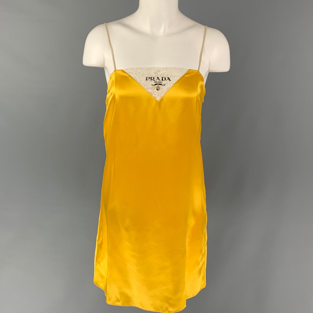 PRADA Size 2 Gold Silk Logo Spaghetti Straps Dress Sui Generis Designer Consignment PRADA Size 2 Gold Silk Logo Spaghetti Straps Dress Sui Generis Designer Consignment