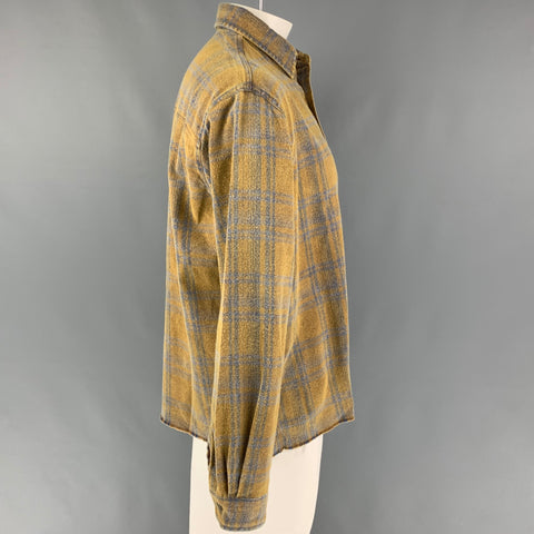 JOHN ELLIOTT Size L Mustard Blue Plaid Brushed Cotton Cropped Long Sleeve Shirt