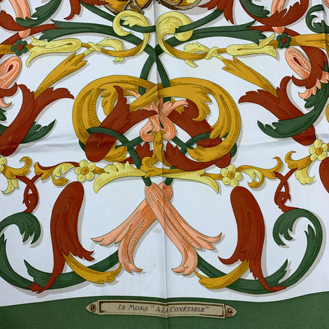 Vintage HERMES Le Mors A LaConetable by Henri D'Origny Green & Rust Tapestry Silk Scarf