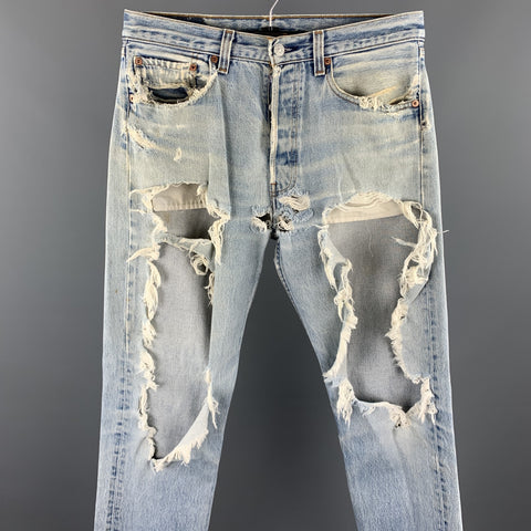 LEVI STRAUSS Size 32 Light Blue Distressed Denim Button Fly Jeans
