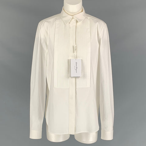 SALVATORE FERRAGAMO Talla 8 Camisa de esmoquin blanca de algodón y elastano