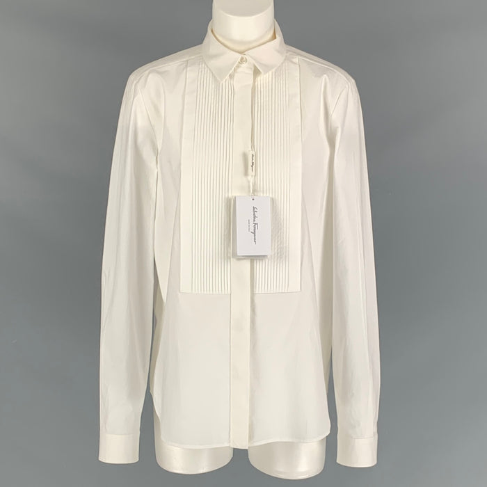 SALVATORE FERRAGAMO Size 8 White Cotton & Elastane Tuxedo Shirt