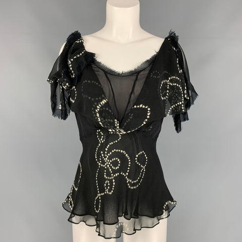 ZAC POSEN Size 10 Black & White Chiffon Silk Dots Blouse