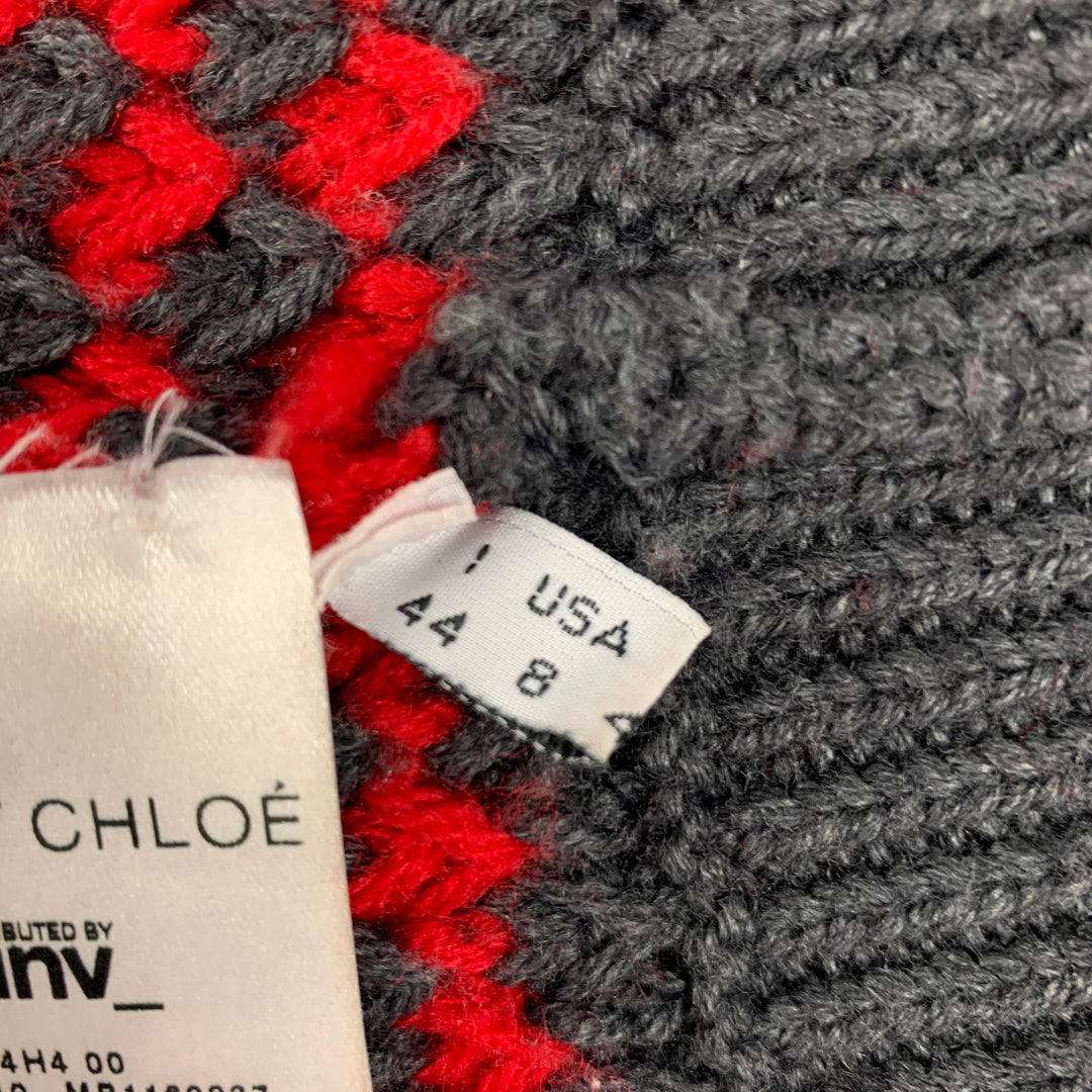 SEE By Chloe Size 8 Grey Red Wool Acrylic Stripe Cardigan