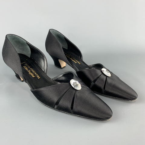 SILVIA FIORENTINA Vintage Tamaño 8 Negro Seda Rhinestone D'orsay Bombas